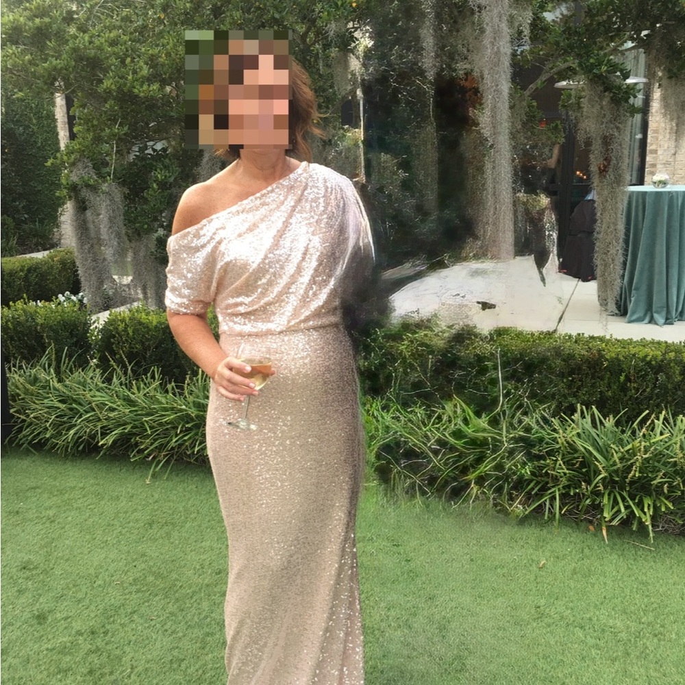 Badgley Mischka Champagne Sequined One-Shoulder Mermaid Gown